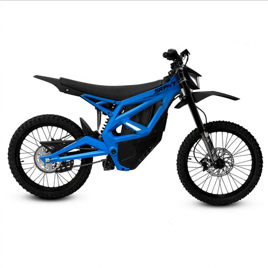 eMOTO Strike SRPNT X3 electric motorcycle in Midnight Blue, side view, parked on a white background