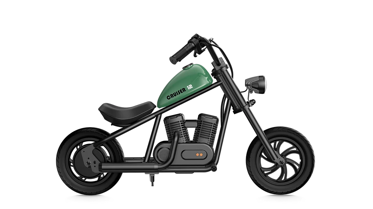 Green eMOTO Hyper Gogo Cruiser 12 electric bike, side view, displayed on a white background