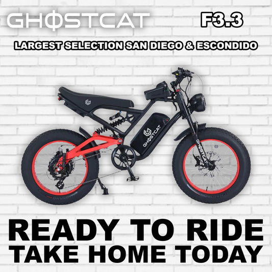 Red Ghostcat F3.3 Class 2 e-bike, side view, with black accents and rear rack, displayed on a white background.