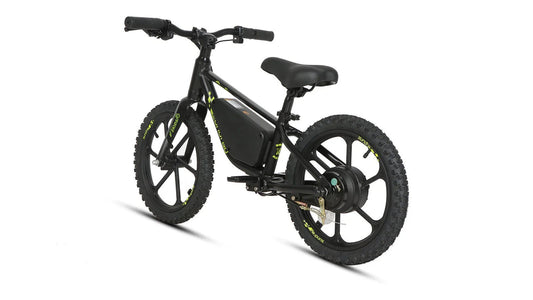 EUNORAU EKIDS 16 electric micro eBike with 16-inch wheels, 180W motor, shown in a product image on a road.
