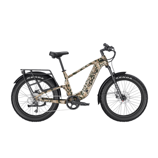 Velotric Nomad 2X High Step eBike in multi-terrain camo color, shown from the side on a white background.