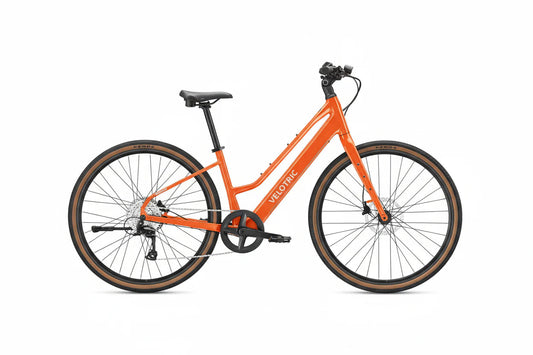 A sleek Velotric Tempo eBike in matte black, shown from a side angle, highlighting its step-through frame, integrated battery, and upright handlebars.