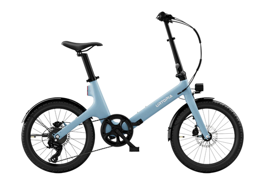 Urtopia Carbon Fold Step Thru eBike in Glacier Blue, side view, folded position, white background