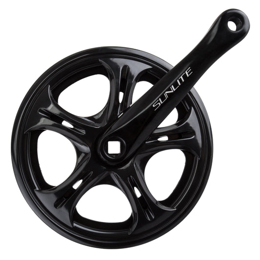 Single speed eBike crank set with attached crank arms, black finish, displayed on a white background.