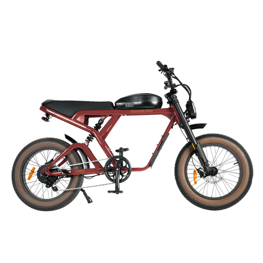 Red eBike Revi Cougar electric bicycle side view with black accents and thick tires