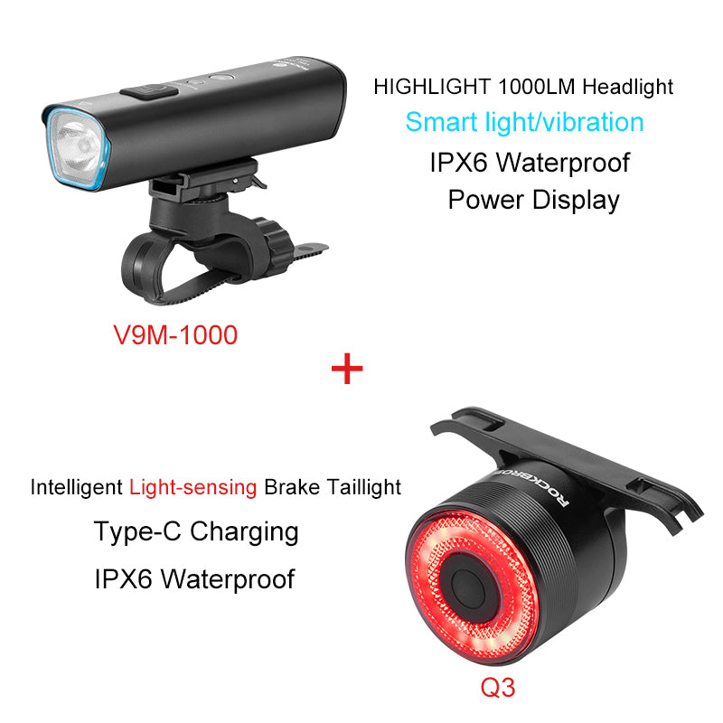 ROCKBROS 1000 Lumen Front Bike Light + Smart Brake & Tail Light Q3 Set