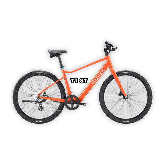 Velotric T1 ST eBike in Lava color, shown inside its original packaging box