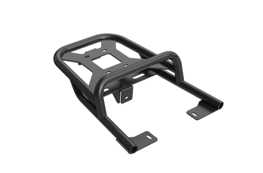 Black metal rear rack mounted on the back of a Raev Bullet eBike, shown from a side angle against a white background.