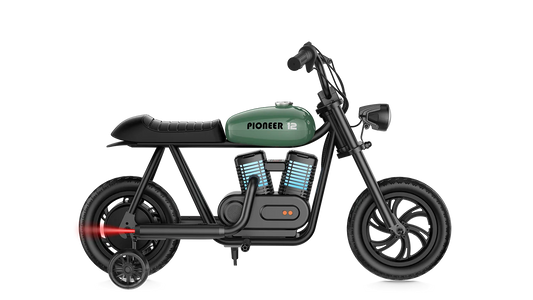 Green eMOTO Hyper Gogo Pioneer 12 Plus electric bike with training wheels, side view
