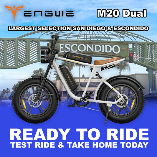 White Engwe M20 dual battery Emoto e-bike, ready to ride, displayed in Escondido showroom, product code 810206241615.