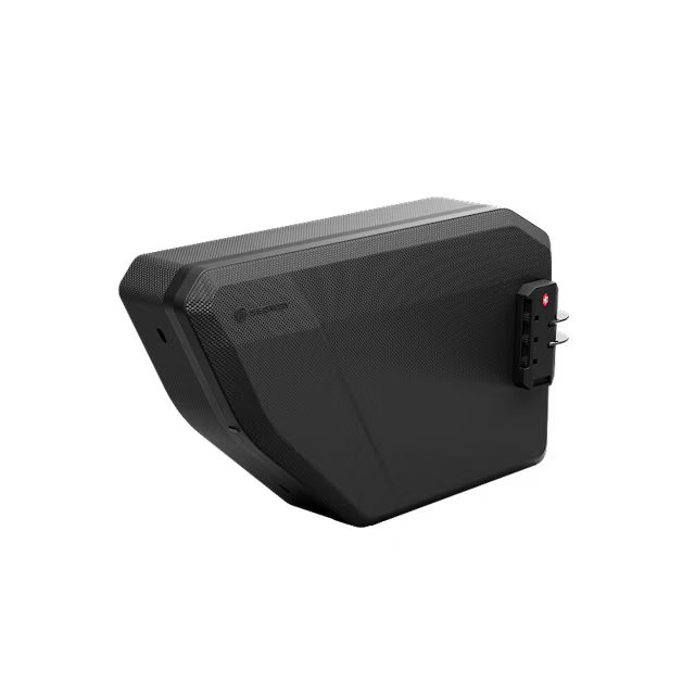 Black Segway Xyber Air Middle Bag attached to the center frame of an electric bike, shown from a side angle against a white background.