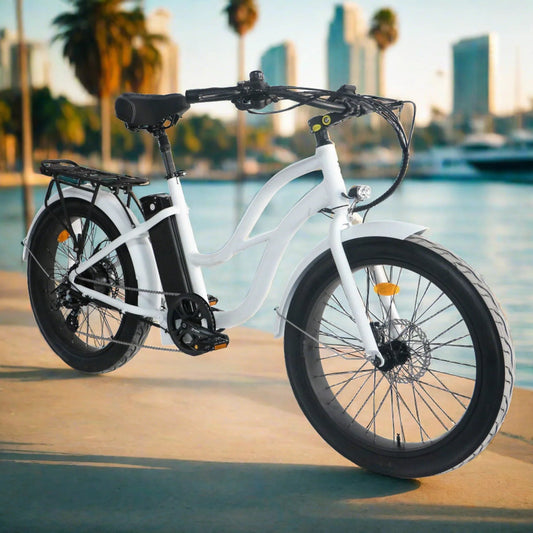 Big Bear eBikes COASTAL CRUISER 52V 24 Thru 750 w Ready to Ride Step Thru Ebike 24x3 Fat Tire Electric Beach Cruiser eBike - Fat Tire Cruiser eBike - eBike Super Shop