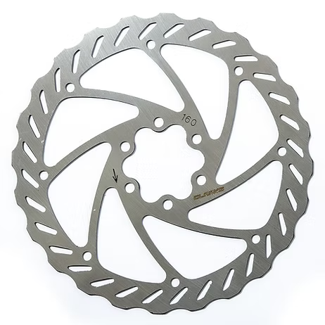 A pair of Clarks 160mm bicycle disc brake rotors with a silver finish, featuring multiple cutouts for weight reduction and heat dissipation.