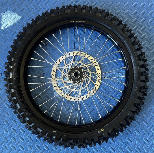 eMoto CST Knobby 17" front wheel and tire set for eMoto electric dirt bikes, built for excellent handling and traction, ideal for off-road riding and ensuring durability on challenging terrains.