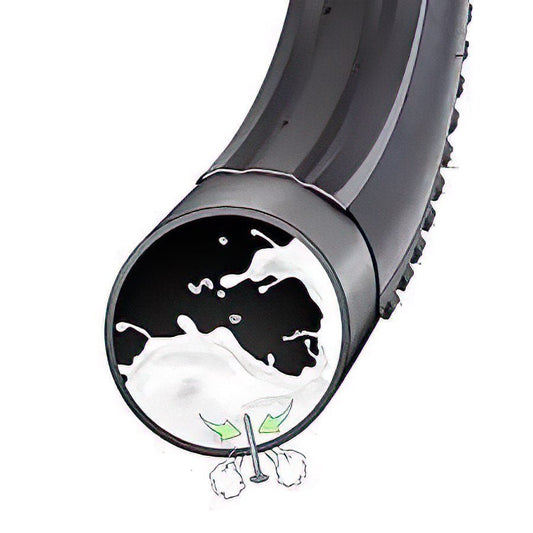 Product image of a 26x4 fat tire self-sealing bicycle tube with a Schrader valve, designed for heavy-duty e-bike use. The tube is coiled, showing its thickness and durable construction.