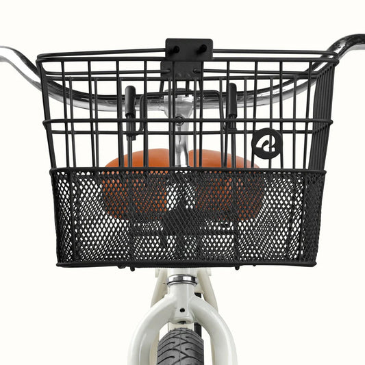 Black Retrospec Apollo steel eBike basket attached to a bicycle, side view