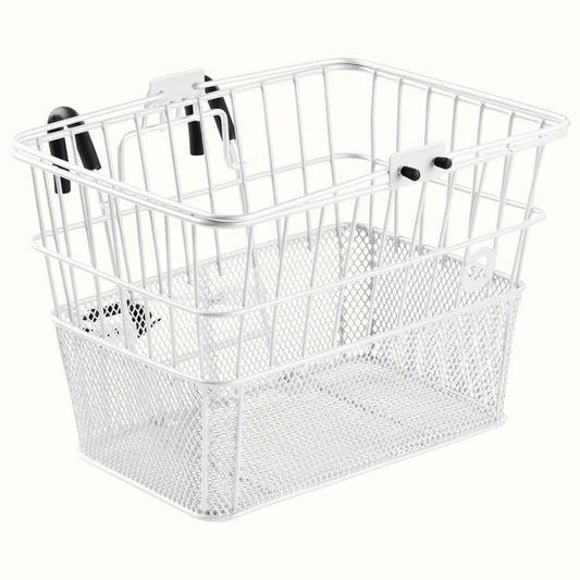 White Retrospec Apollo steel eBike basket attached to a bicycle, shown from a side angle against a plain background.