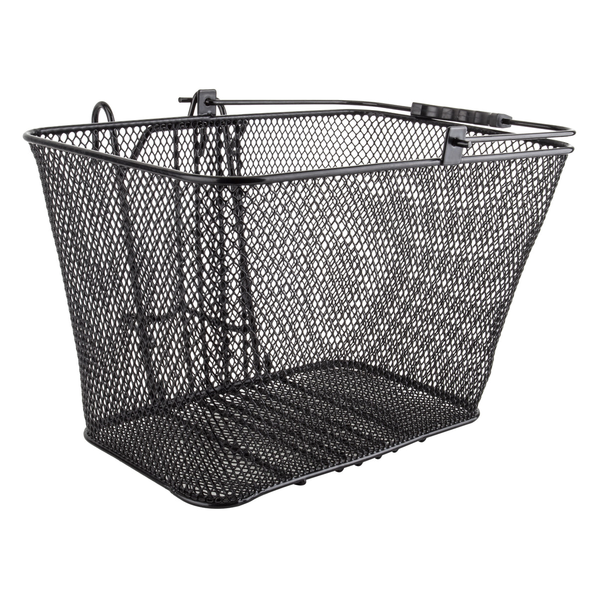 Black Sunlite mesh lift-off front basket attached to an eBike, shown from a front angle.