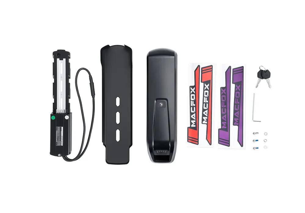 Macfox X1S M16 ebike accessory battery, rectangular black battery pack with connector ports, displayed on a white background