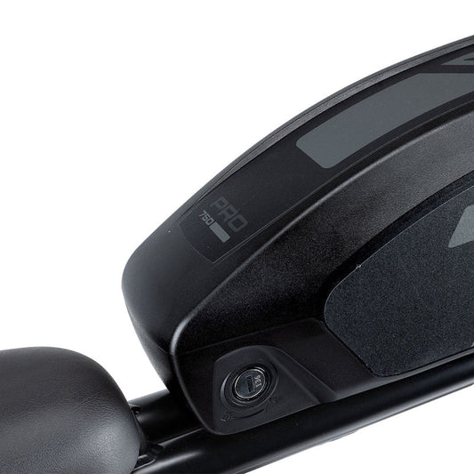 Side view of a Super73 Pro 750 eBike battery showing its sleek black casing and branding.
