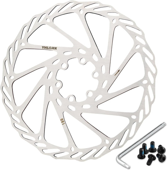 A 180mm eBike brake rotor with a silver finish, featuring multiple cutouts for heat dissipation, displayed against a plain background.