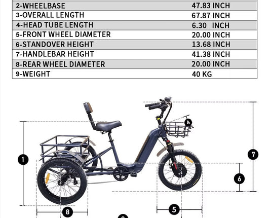 Blue BREEZY GTX-48v 500W electric trike with 20" x 4" fat tires, three wheels, and step-through frame, shown in product image.