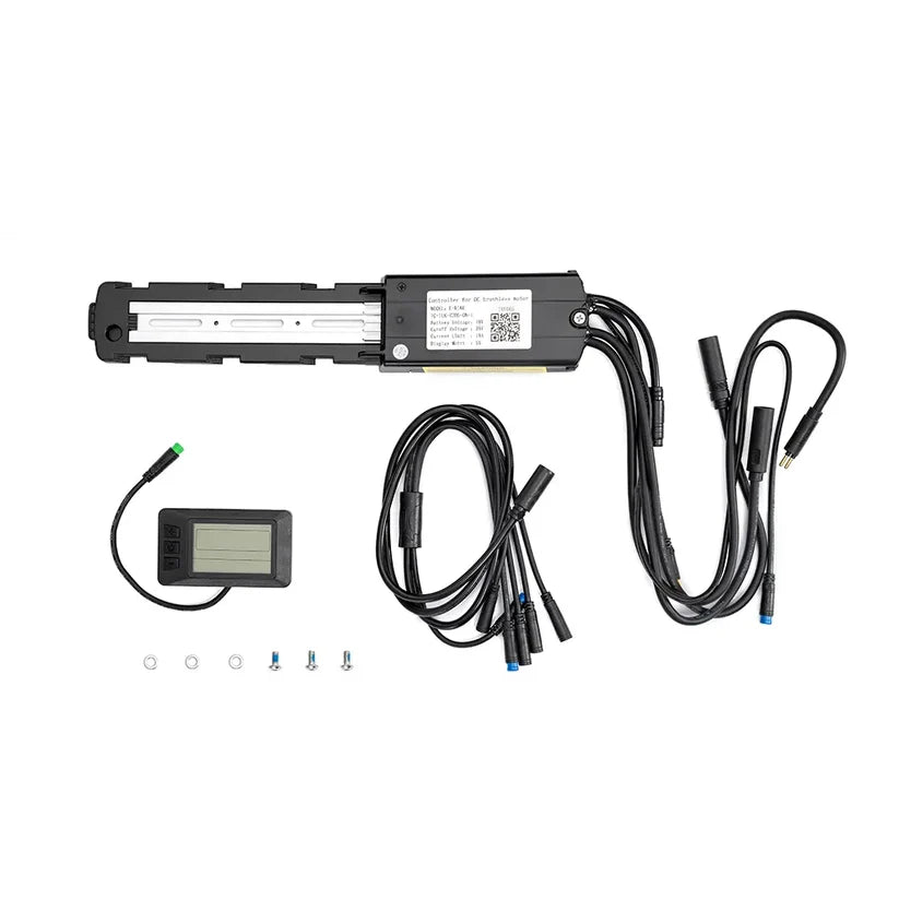 Alt text: Macfox X1S eBike 3-piece control system bundle, including display, controller, and wiring harness, arranged on a white background.