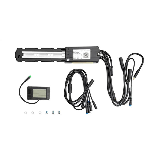 Macfox X7 and X7L eBike control system 3-piece bundle, including display, controller, and wiring components, arranged on a white background.