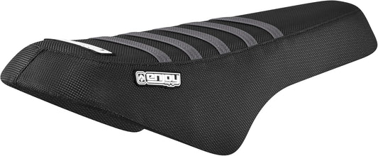 Custom black eBike seat with grey ribbed design for Super73, product accessory, front angle view