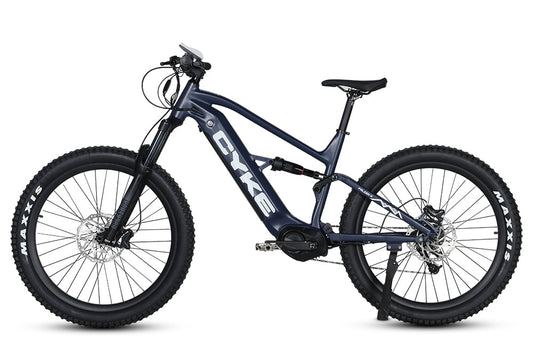 Dark blue eBike Cyke Falcon A, side view, showcasing sleek frame design and modern features against a neutral background.