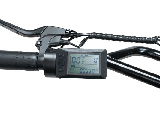 Front view of the Macfox X1S eBike display showing the digital screen and control buttons.