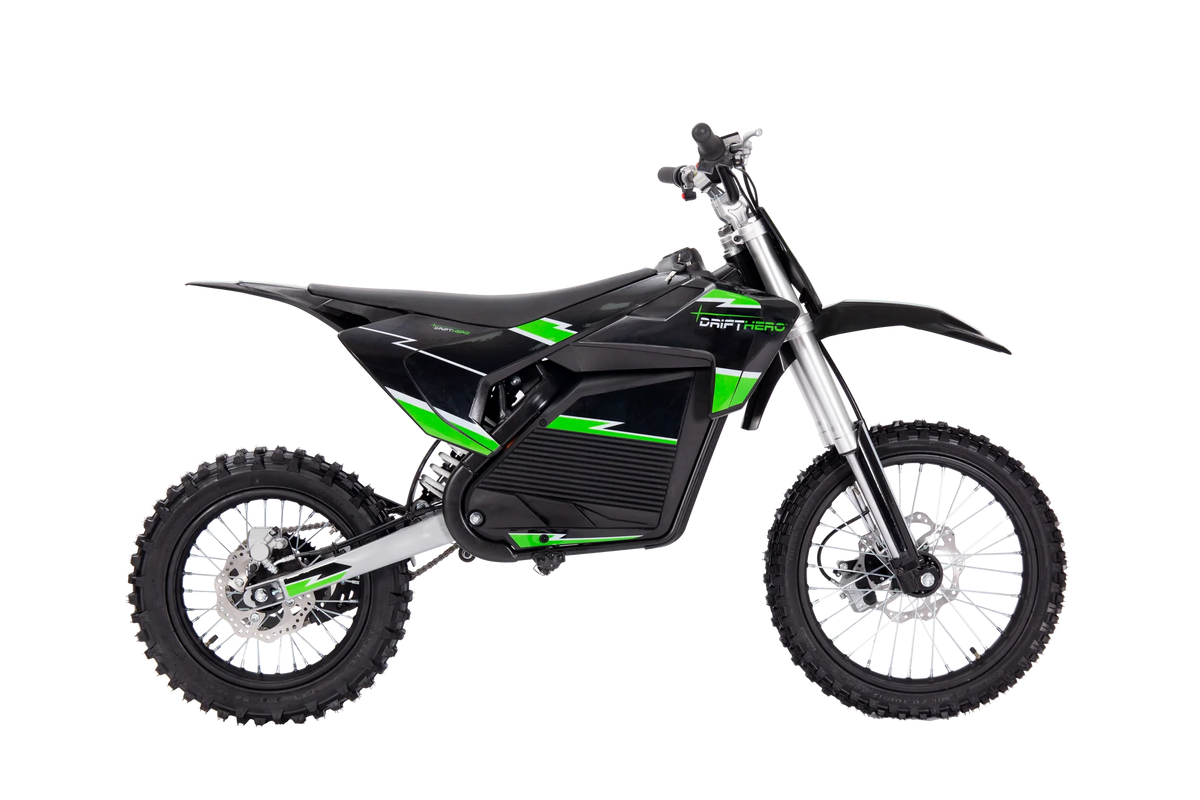 A black eBike Drift Hero 5000W dirt bike parked on a dirt trail, showcasing its rugged tires, sturdy frame, and powerful electric motor.