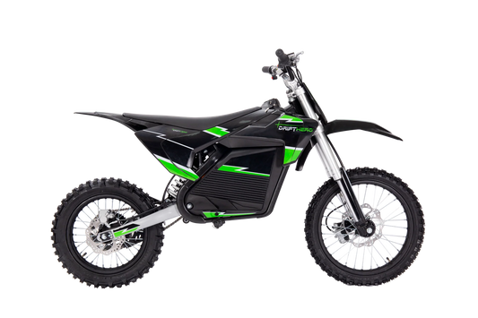 A black eBike Drift Hero 5000W dirt bike parked on a dirt trail, showcasing its rugged tires, sturdy frame, and powerful electric motor.
