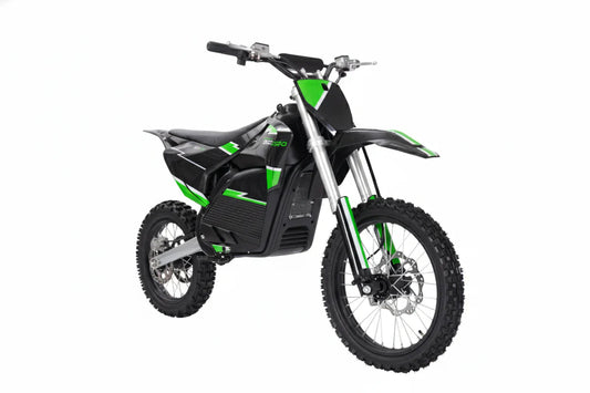 A black eBike Drift Hero 5000W dirt bike parked on a dirt trail, showcasing its rugged tires, sturdy frame, and powerful electric motor.