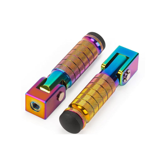 A pair of rainbow-colored eBike foot pegs with a metallic finish, displayed on a white background.