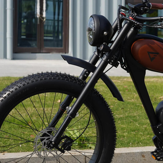 Front view of an eBike front suspension fork designed for a cafe racer, showing the fork's sturdy metal construction and mounting points.