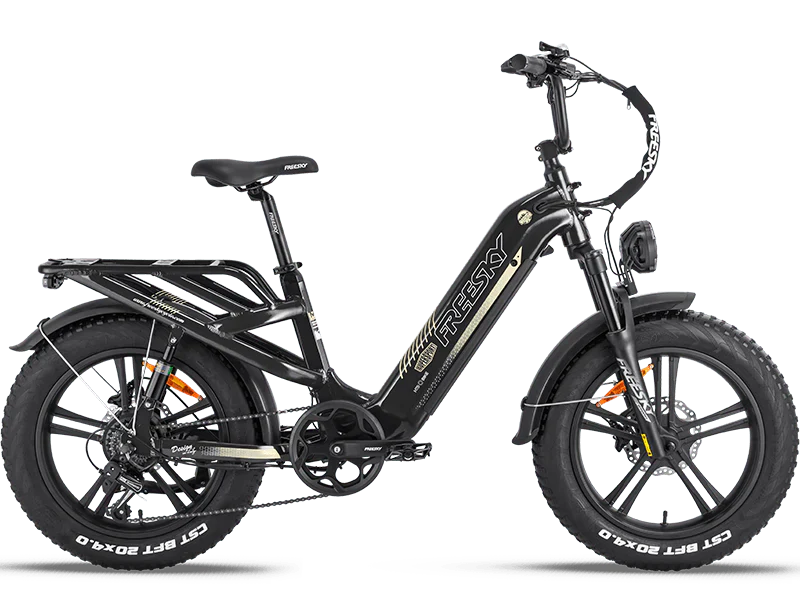 Black Freesky Rocky Pro A-320 electric bike, side view, against a white background
