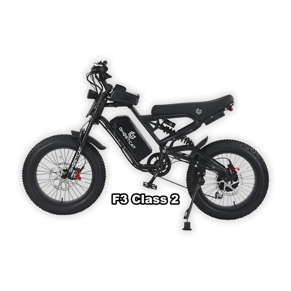 Black eBike Ghostcat F3 Class 2 packaged in a box, product image with blackout background.