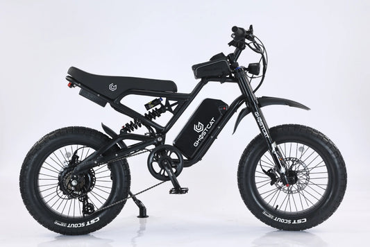 Black eBike Ghostcat F3X Class 2, side view, against a dark background
