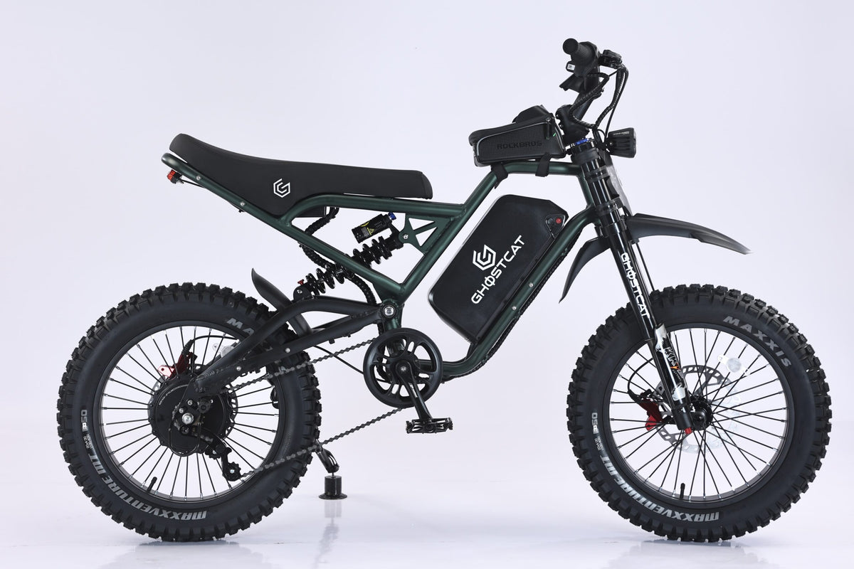 Army green eBike Ghostcat F4X Hunter, side view, showcasing rugged frame and off-road tires