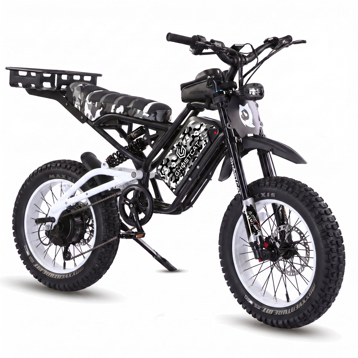 White eBike Ghostcat F4X Hunter's Edition Full Bundle, side view, showcasing bike frame, wheels, and included accessories against a plain background