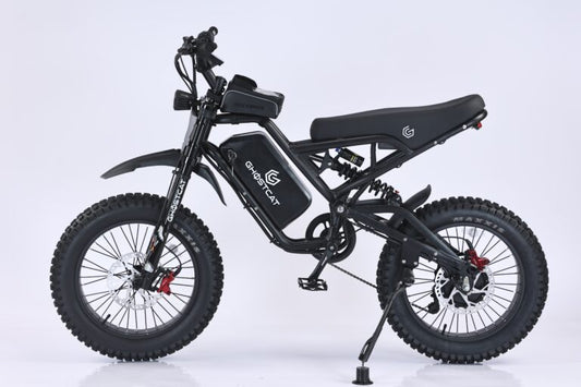 Black eBike Ghostcat F4X displayed in a side profile against a dark background, highlighting its sleek frame and modern design.