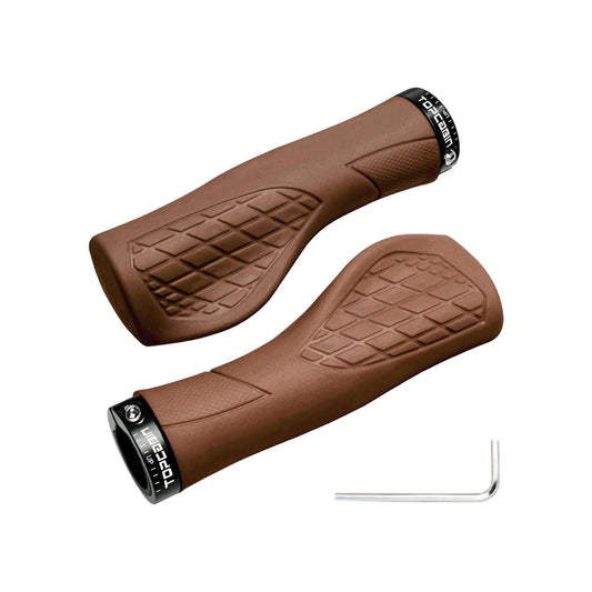 Brown eBike handlebar grips with textured surface, shown on a white background
