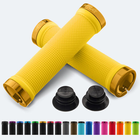 Yellow JETCAT eBike grips, textured surface, product image on white background