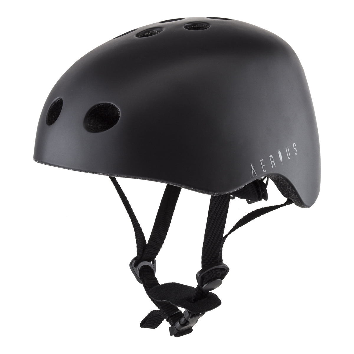 Aerius Crow eBike helmet in matte black, side view, featuring aerodynamic vents and adjustable chin strap.