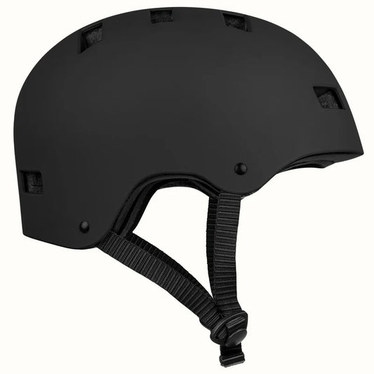 Matte black Retrospec Dakota eBike and skate helmet, side view, with adjustable straps and ventilation holes