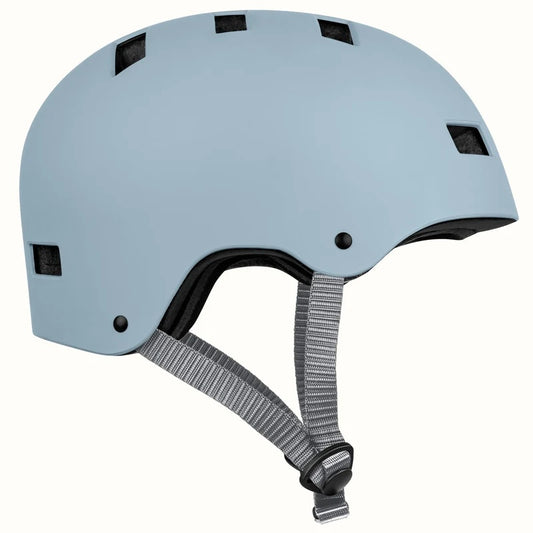 Matte crystal blue Retrospec Dakota eBike helmet, side view, with adjustable straps and ventilation holes