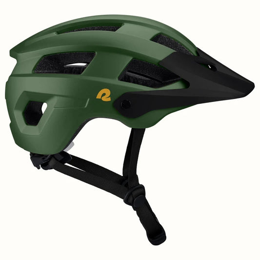 Matte forest green Retrospec Rowan mountain bike helmet for eBikes, side view, with adjustable straps and multiple ventilation holes.