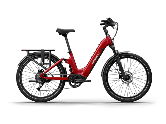 Red Himiway A7 electric bike side view, showcasing step-through frame, front suspension, and rear cargo rack.