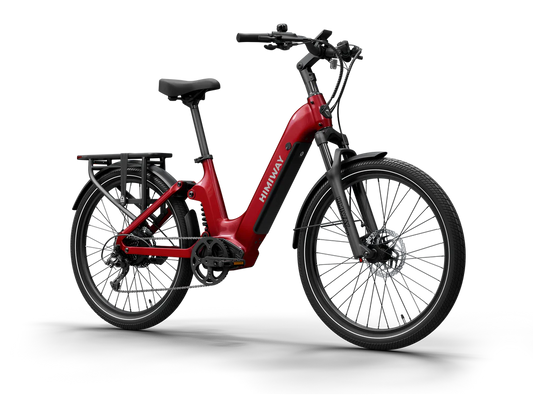 Red Himiway A7 electric bike side view, showcasing step-through frame, front suspension, and rear cargo rack.